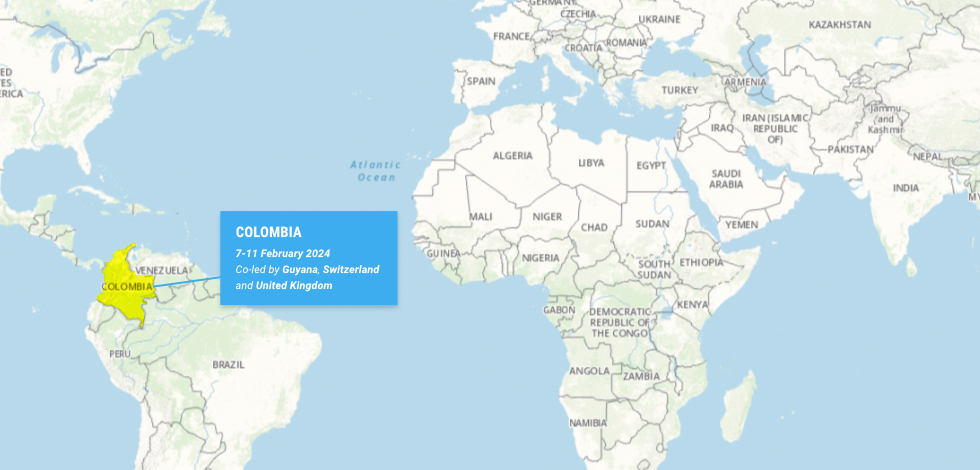 A world map highlighting Columbia, showing where Security Council missions occurred in 2024