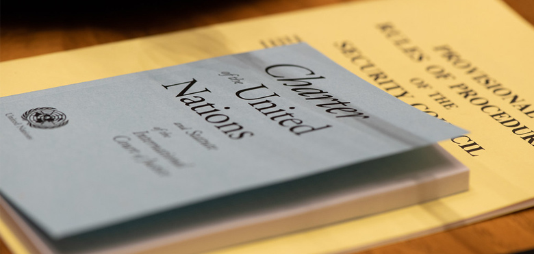 A detail of the United Nations Charter and the Security Council Provisional Rules of Procedure.